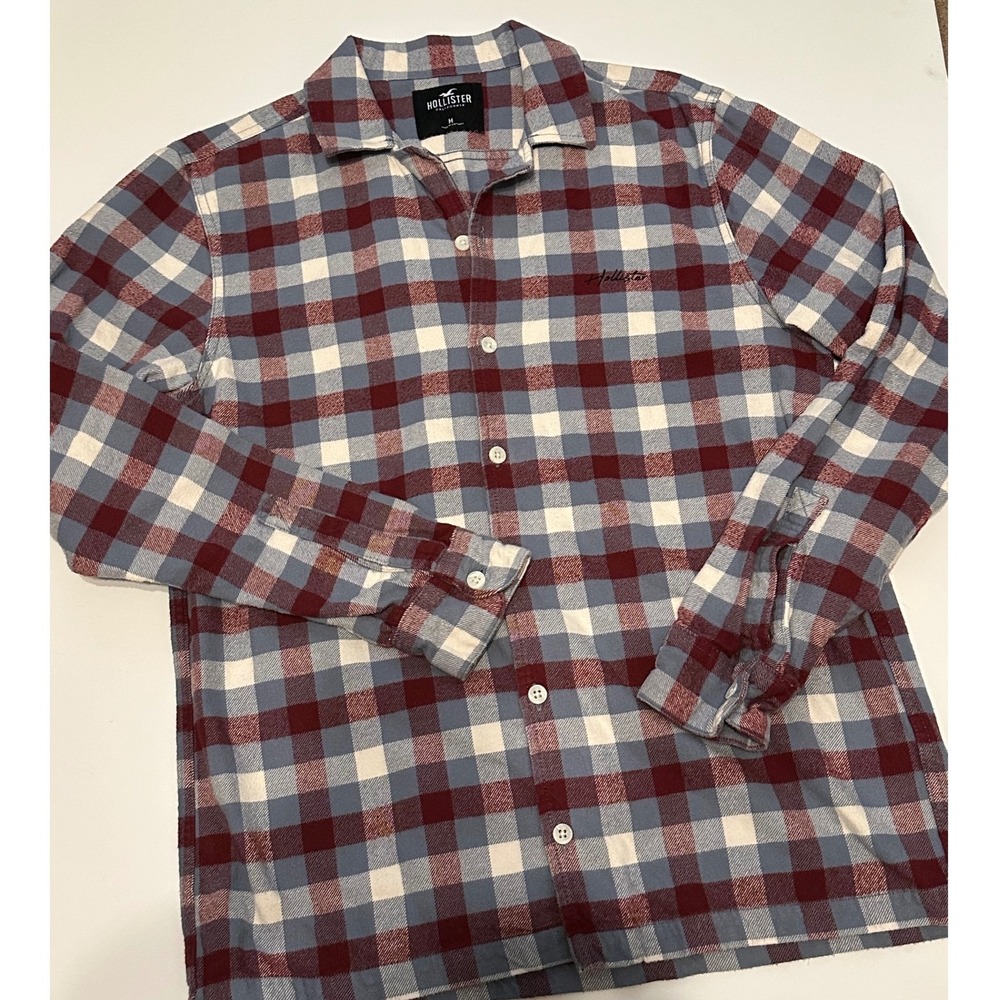 Hollister Men's Plaid Flannel Long Sleeve Button‎ Up Shirt Red Blue Cream Size L